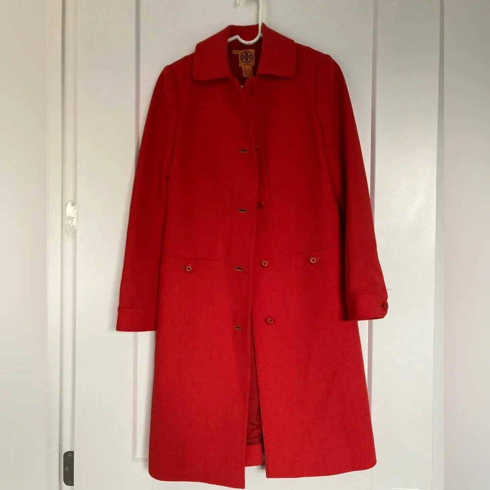 Tory Burch vintage Vibrant chic timeless bold Red Trench Coat - Picture 3 of 12